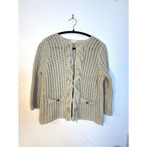 Women Chico's Oatmeal Chunky‎ Open Knit Fringe Cardigan Sweater Size 0 Coastal